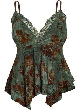 Women's Velvet Burnout Babydoll Whimsigoth Forest Fairy Y2K Lace Green Cami 3X